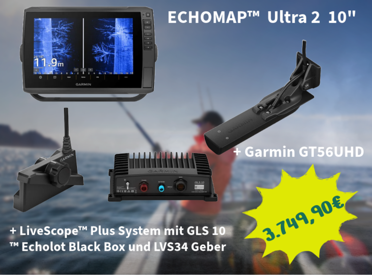 Echomap UHD2 10″“ + Garmin GT56UHD + LiveScope Plus System GLS 10 Echolot Black Box und LVS34 Geber