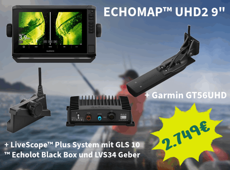 Echomap UHD2 9″“ + Garmin GT56UHD + LiveScope Plus System GLS 10 Echolot Black Box und LVS34 Geber