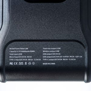 Typenschild Rebelcell Power Rebel 26K: 3,7 V, 26800 mAh, 99 Wh